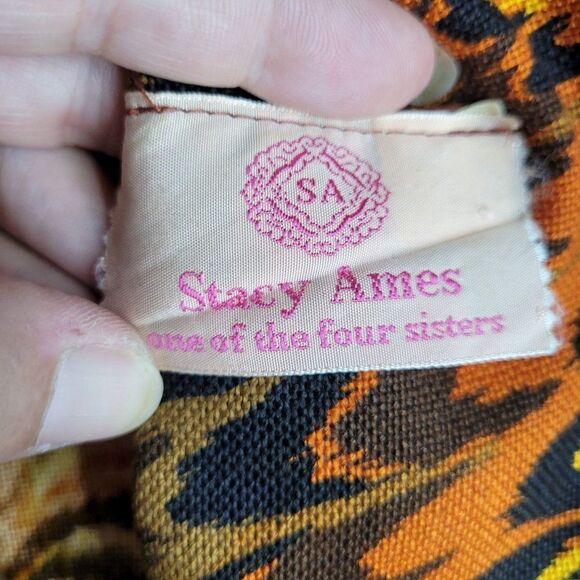 VTG 60's Dress Sleeveless Sheath Fiery Orange Psychedelic Burlap Tapestry Sz L - Picture 3 of 11